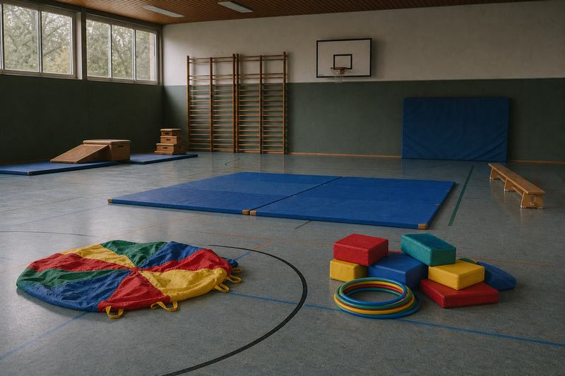Turnhalle mit zusammengelegtem Schwungtuch, Reifen und weichen Bausteinen