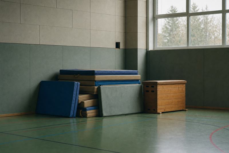 Stapel Turnmatten und ein Sprungkasten an der Wand einer leeren Turnhalle