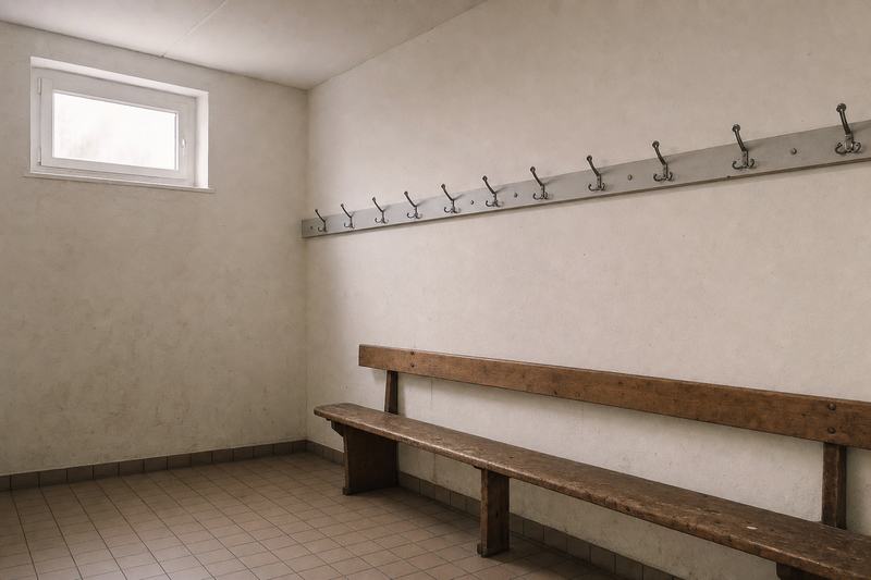 Reihe einfacher Kleiderhaken über einer abgenutzten Holzbank in einer kleinen Umkleide