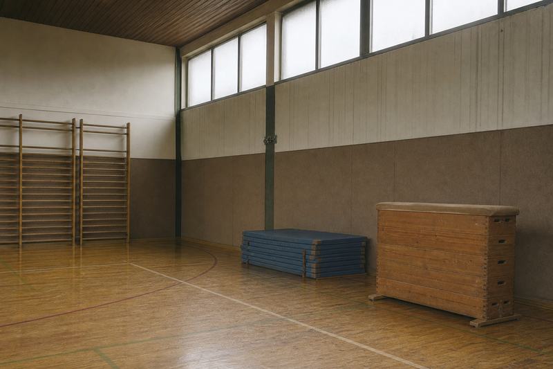 Leere Turnhalle mit Sprossenwand, Kasten und gestapelten Matten
