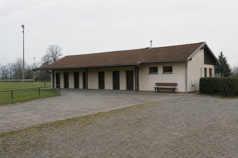 Flaches Vereinsheim mit Umkleidekabinen und Vorplatz