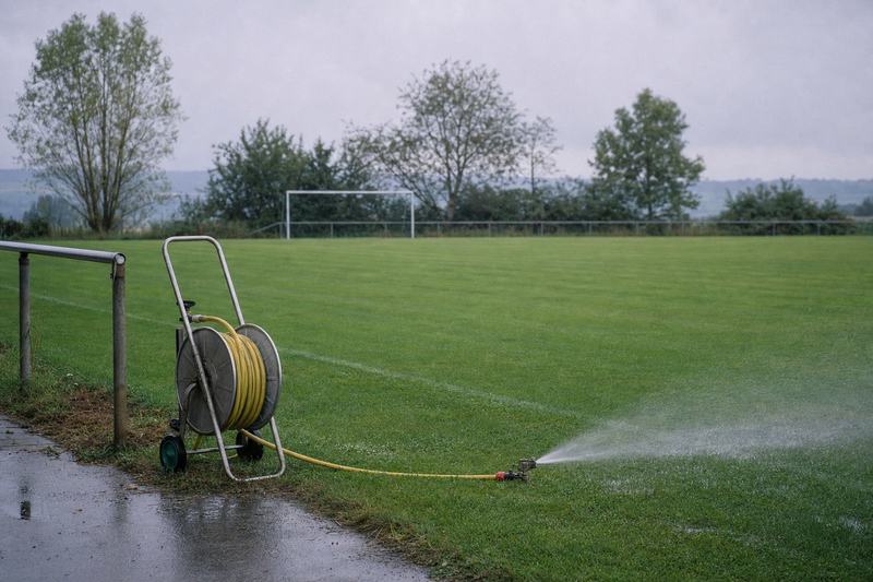 Schlauchtrommel und ein Rasensprenger am Rand eines Fußballplatzes