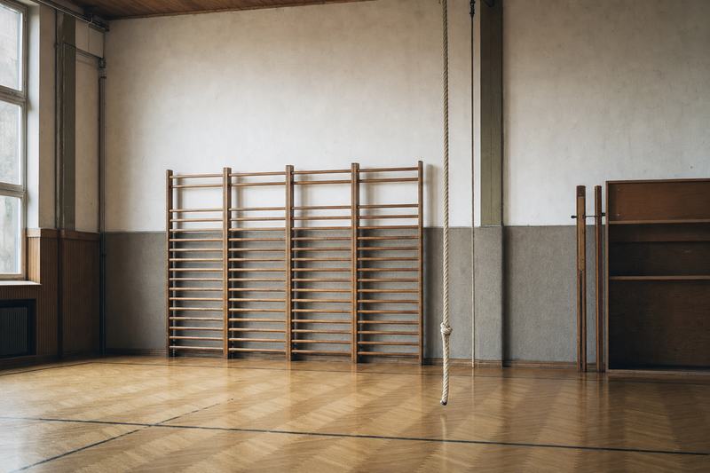 Sprossenwand und ein Klettertau in einer leeren Turnhalle mit Parkettboden