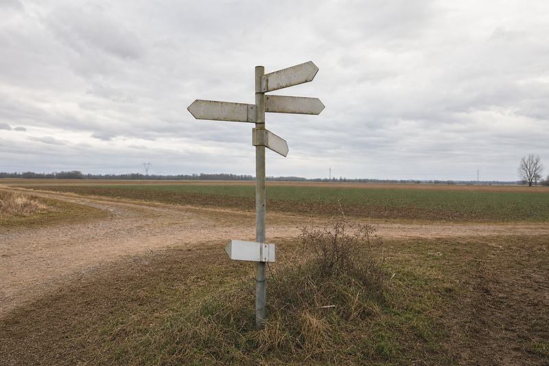 Wegweiser mit unbeschrifteten Schildern an einer Feldwegkreuzung, flaches Ackerland dahinter